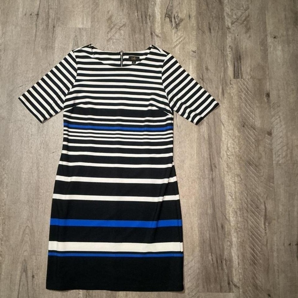 Ile New York black + white striped midi dress with blue accents. Size: 12